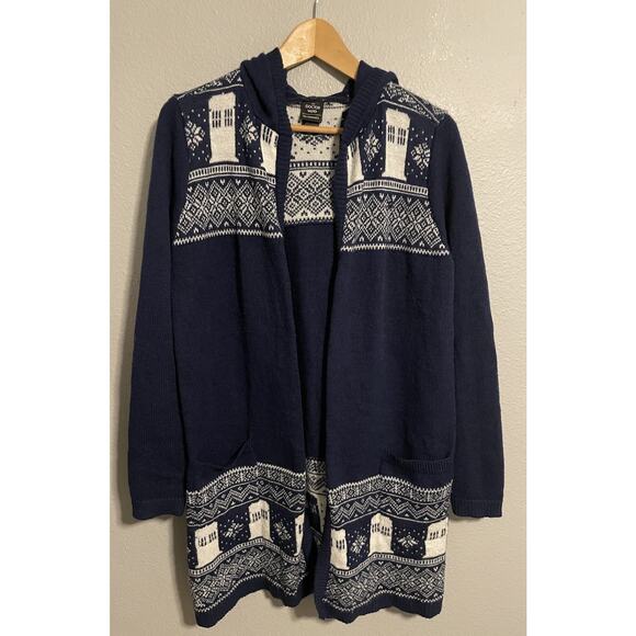 Doctor Who Her Universe Women Hooded Cardigan Medium Tardis Fair Isle Print FLAW - Picture 1 of 9